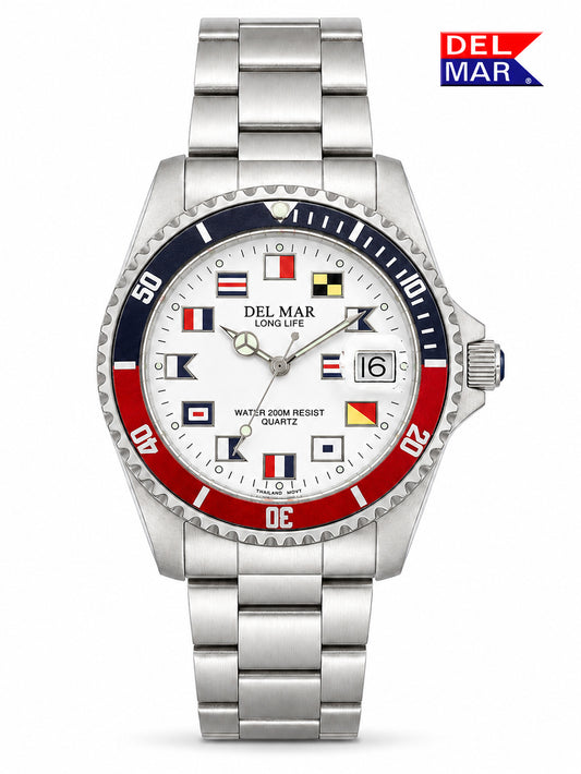 A Del Mar Long Life watch with a stainless steel link bracelet, featuring a white dial decorated with various maritime signal flags and a red and navy blue bezel.