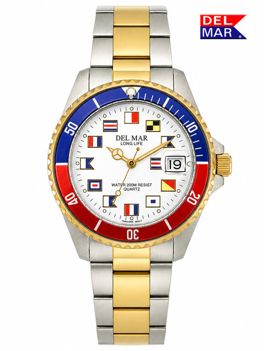 The Red, and Blue Bezel on this two-tone stainless steel watch will by your favorite gift with nautical flags and a longlife battery.