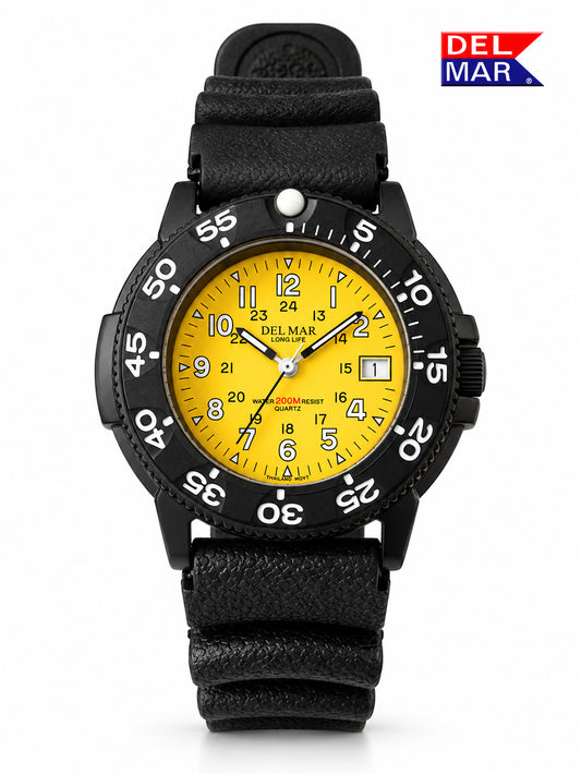 A Del Mar women's watch with a bright yellow dial, black bezel, and black textured strap, shown on a white background with a Del Mar logo in the top right corner.