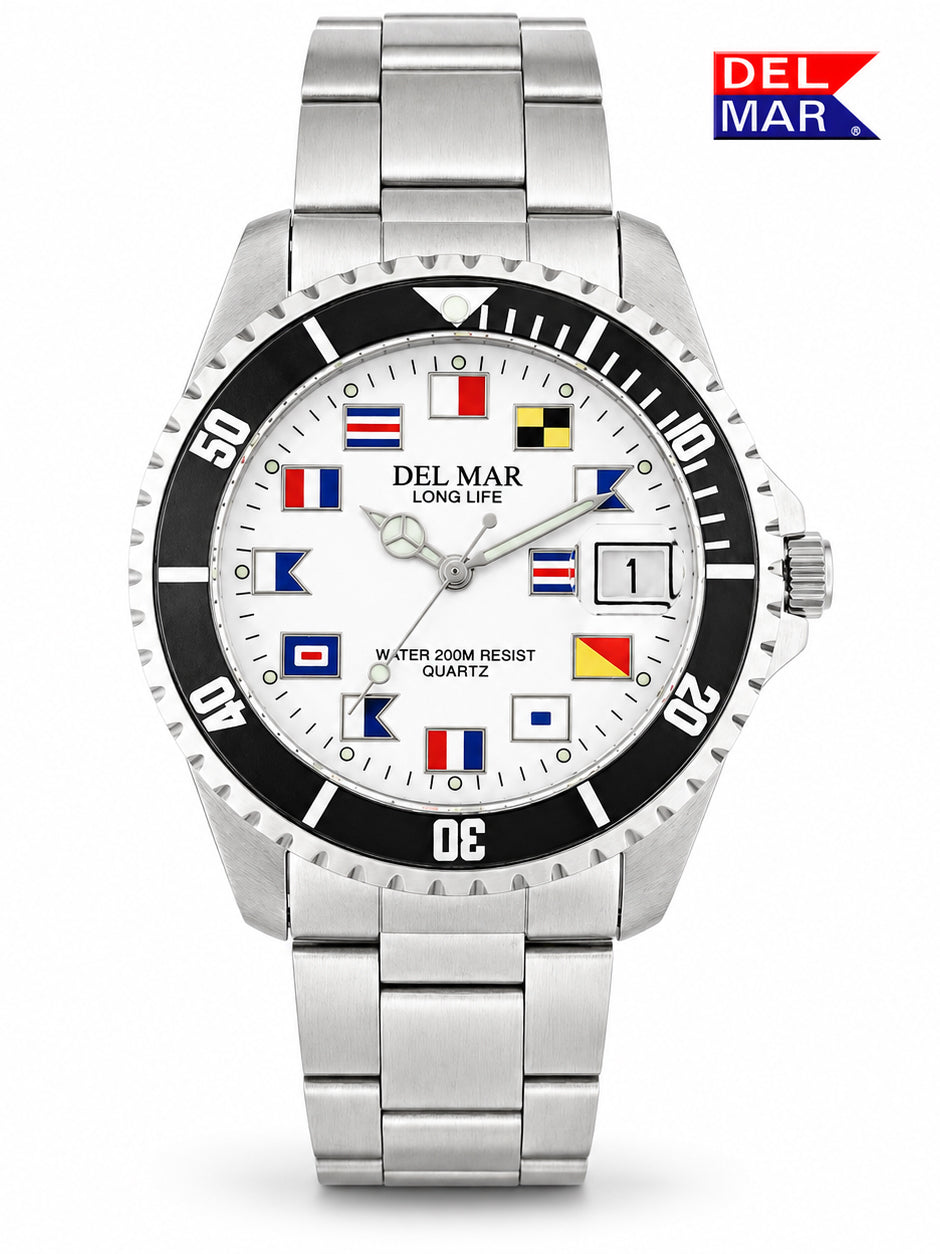 A Del Mar Long Life water resistant quartz watch with a stainless steel link bracelet, featuring a white dial decorated with various international maritime signal flags and a black bezel.