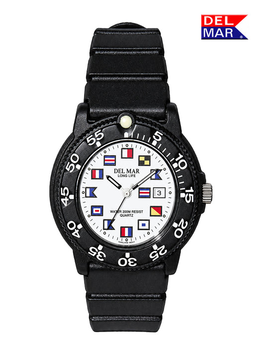 A Del Mar military-style watch with a black rubber strap, black bezel, and a white dial decorated with various international maritime signal flags. The brand logo 'DEL MAR' is visible in the top right corner.
