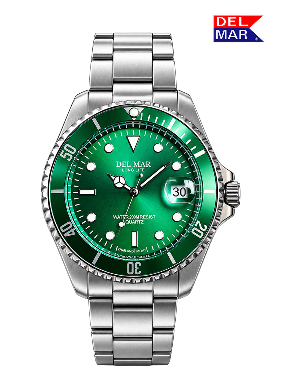 The Del Mar Coronado Watch Collection - Electrified green dial with a stainless steel bracelet band for swimming to 200 M water resistant.

