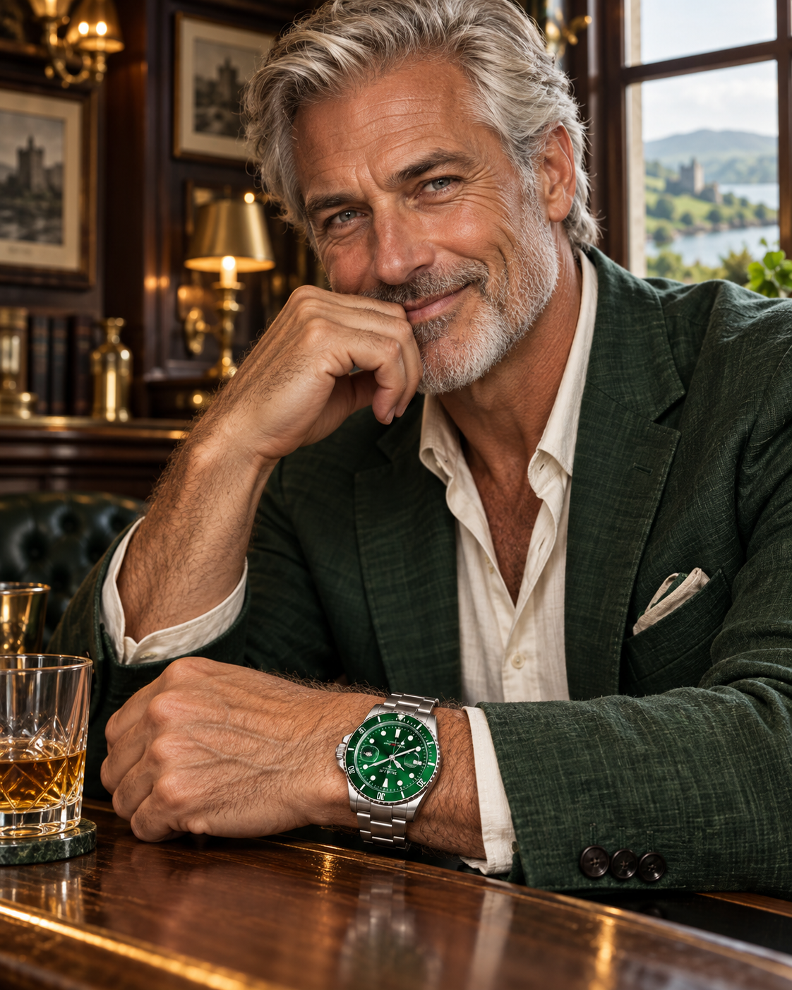 Silver-haired, sharply dressed, and just mischievous enough to be interesting. He wears the Del Mar Coronado 50375—a striking emerald-green watch with polished stainless steel and 200-meter water resistance. Because a man with that smile never reveals all his secrets… but he always knows what time to meet you.