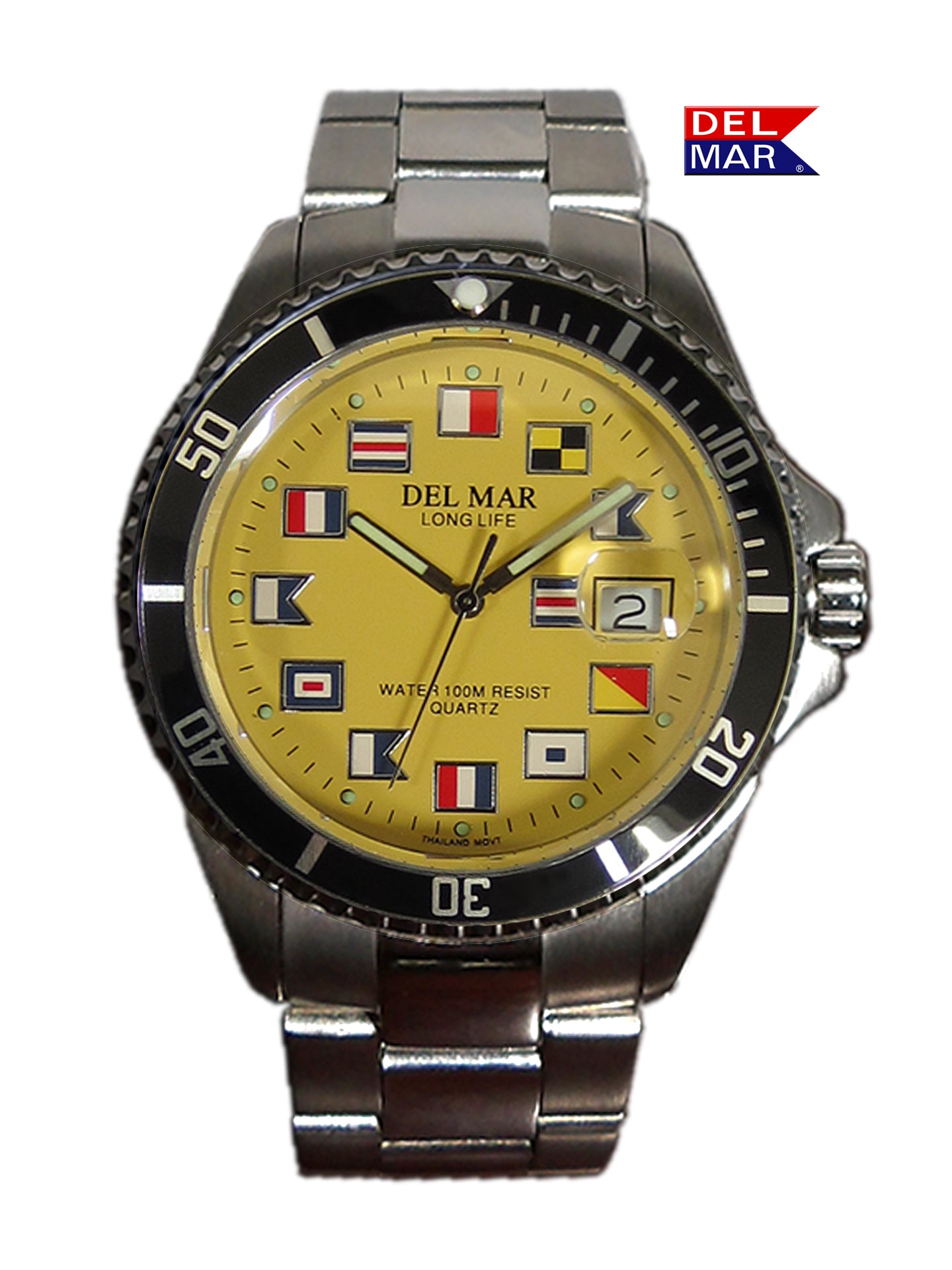 Del Mar Nautical 200 yellow dial watch 50376 stainless steel bracelet