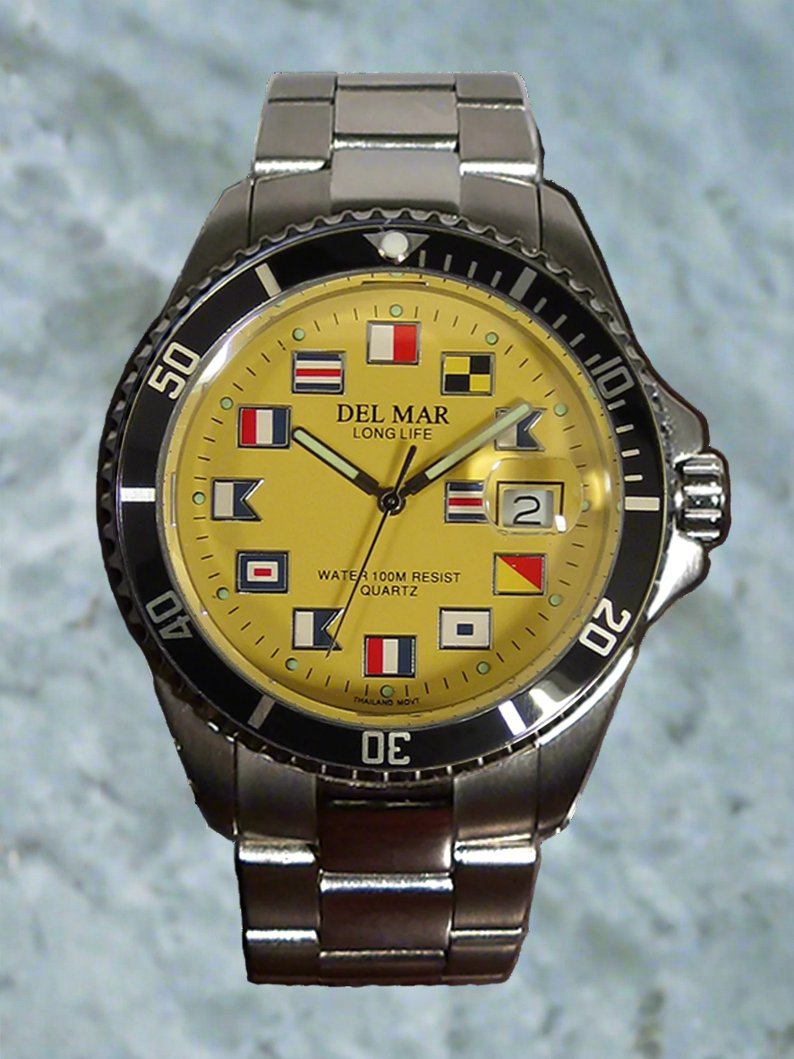 Bright yellow nautical flag dial Del Mar watch 46mm case