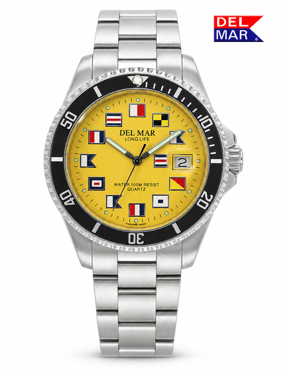 A Del Mar Long Life watch with a stainless steel link bracelet, featuring a bright yellow dial decorated with nautical signal flags, a black bezel with white markings, and a crystal-encrusted bezel.