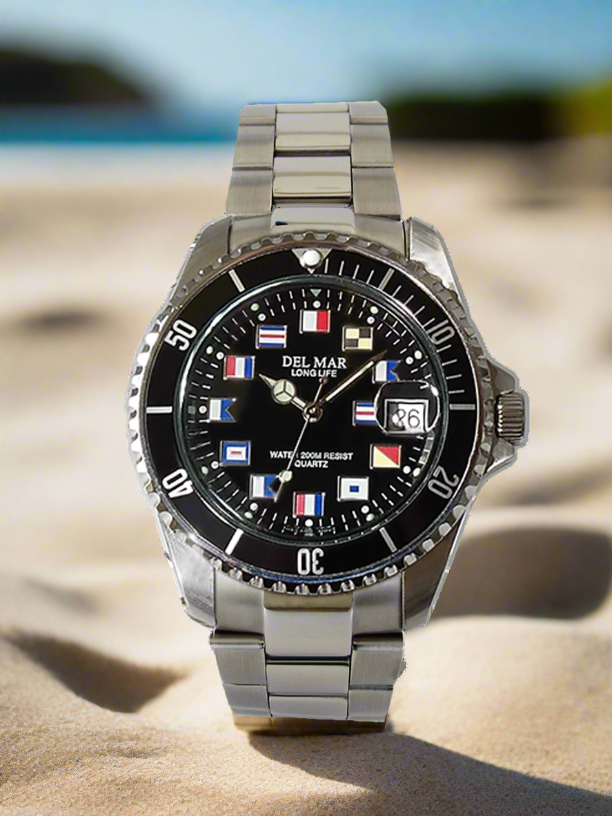 Navy blue dial Del Mar watch with nautical flags close up