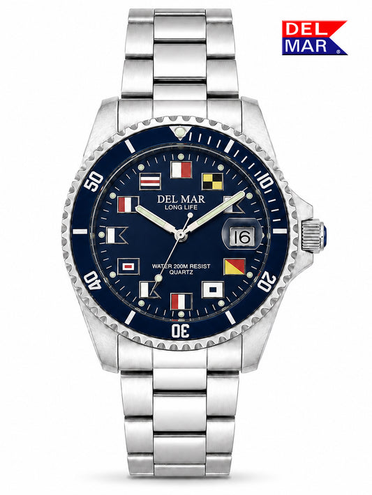 A Del Mar Long Life watch with a stainless steel link bracelet, a silver bezel with a diamond-like border, and a dark blue dial decorated with various maritime signal flags.
