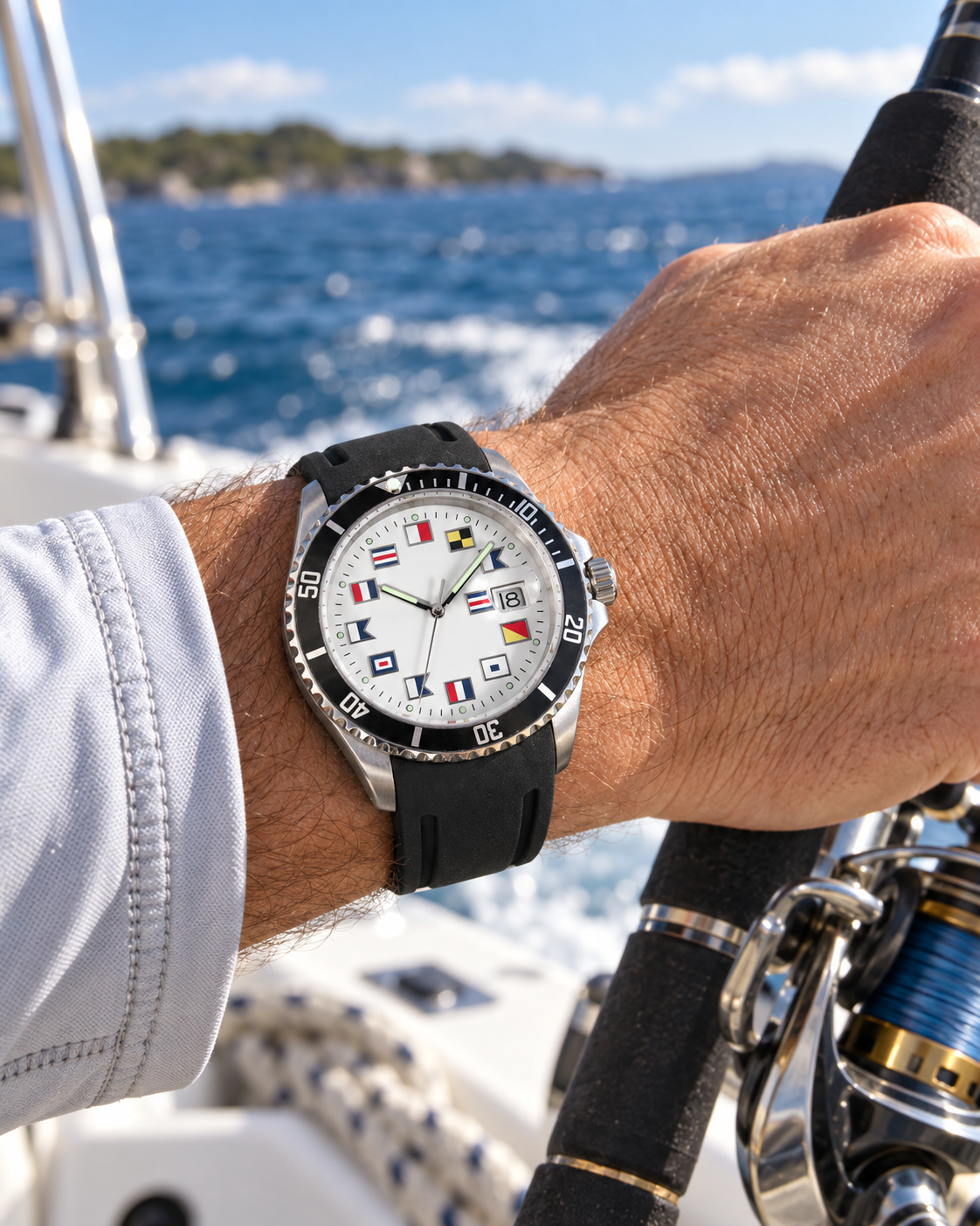 Join the easy life with the Catalina 50378 sport watch from Del Mar Watches - 100 M water resistant, nautical flags and a silicone watch strap for comfort.