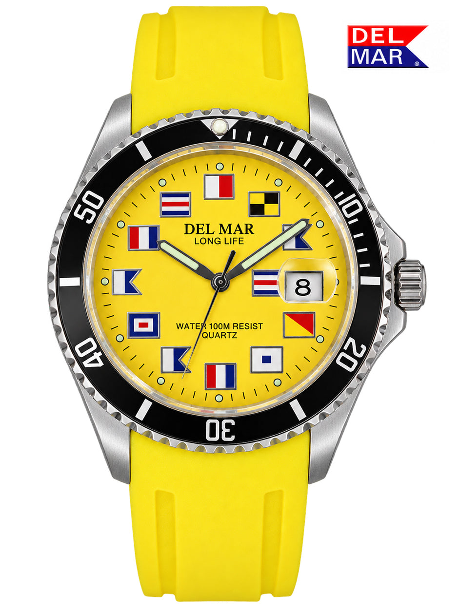 A Del Mar Long Life water-resistant quartz watch with a bright yellow silicone strap, a yellow dial decorated with nautical signal flags, a black bezel, and a silver stainless steel case. A Del Mar logo is visible in the top right corner.