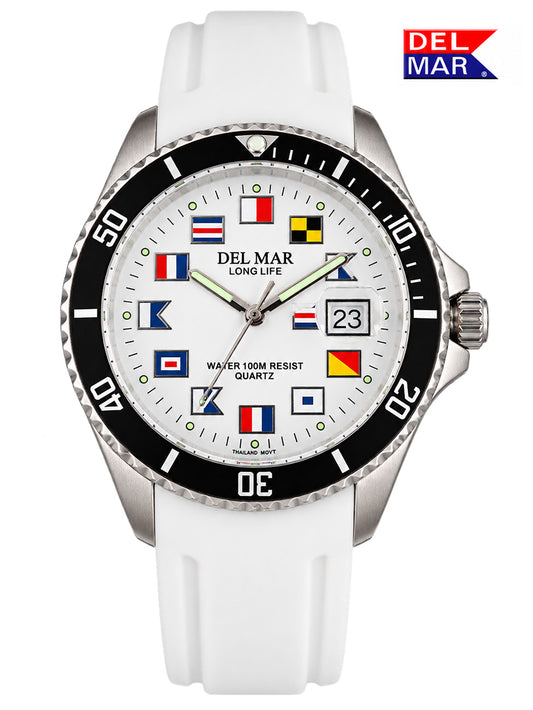 Catalina 50380 sport watch with nautical flags, 100 M water-resistant, and a screw-down crown. Check it out