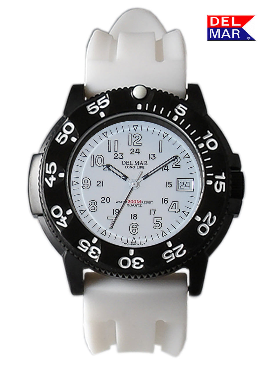 A Del Mar analog watch with a black bezel, white dial, and white silicone strap, shown against a plain white background with a Del Mar logo in the top right corner.