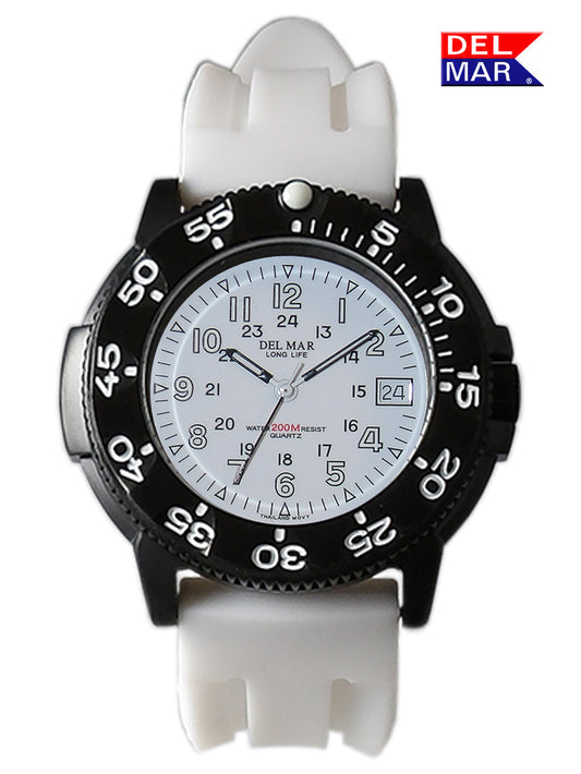 A Del Mar analog watch with a black bezel, white dial, and white silicone strap, shown against a plain white background with a Del Mar logo in the top right corner.