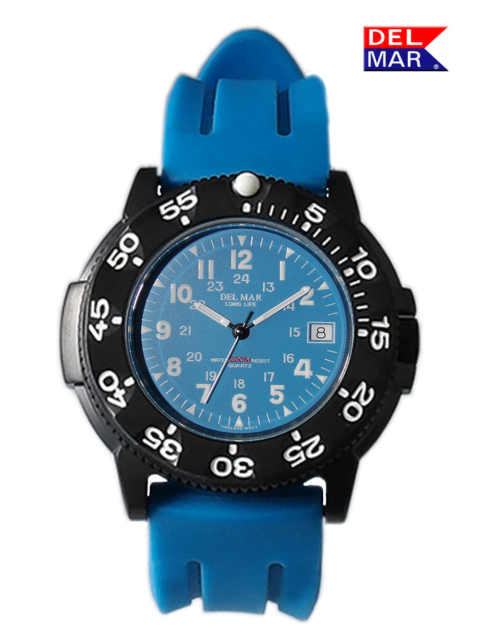 A wrist watch with a bright blue silicone strap, a black bezel, and a blue dial with white numerals. The brand name 'DEL MAR' is visible on the watch face and as a logo in the top right corner.