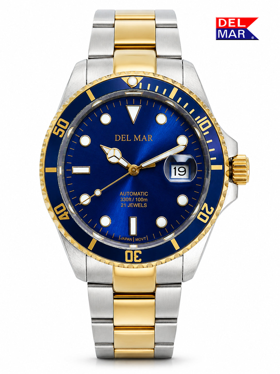 A Del Mar automatic watch with a two-tone stainless steel and gold-tone bracelet, featuring a vibrant blue dial, blue bezel, and gold-tone markers.