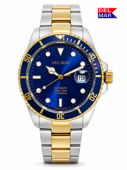 A Del Mar automatic watch with a two-tone stainless steel and gold-tone bracelet, featuring a vibrant blue dial, blue bezel, and gold-tone markers.