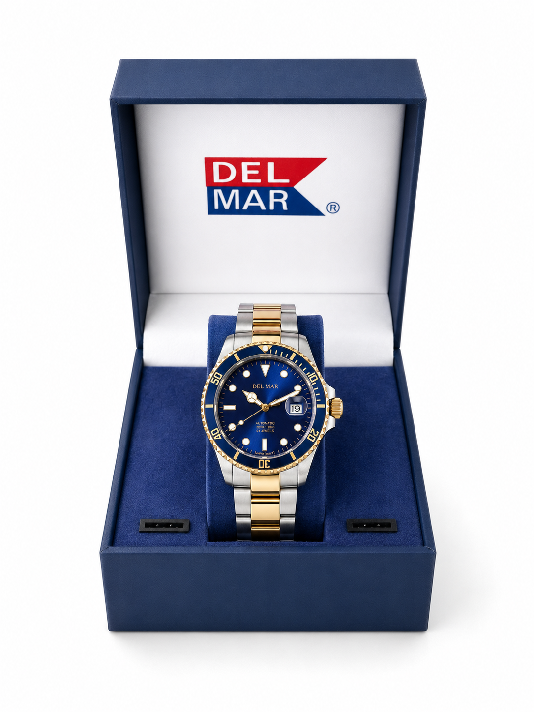 50388 Del Mar Watches Premier Automatic Watch in a delivered blue velvet box.
