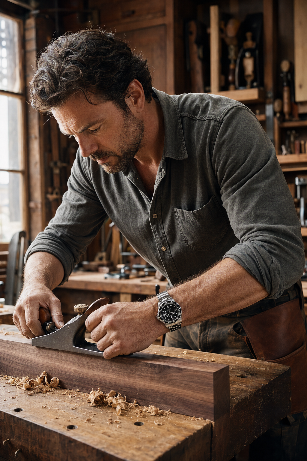 A man in a rustic wood workshop wearing a dark gray button-down shirt and a black watch with a silver bezel, using a hand plane on a wooden board.