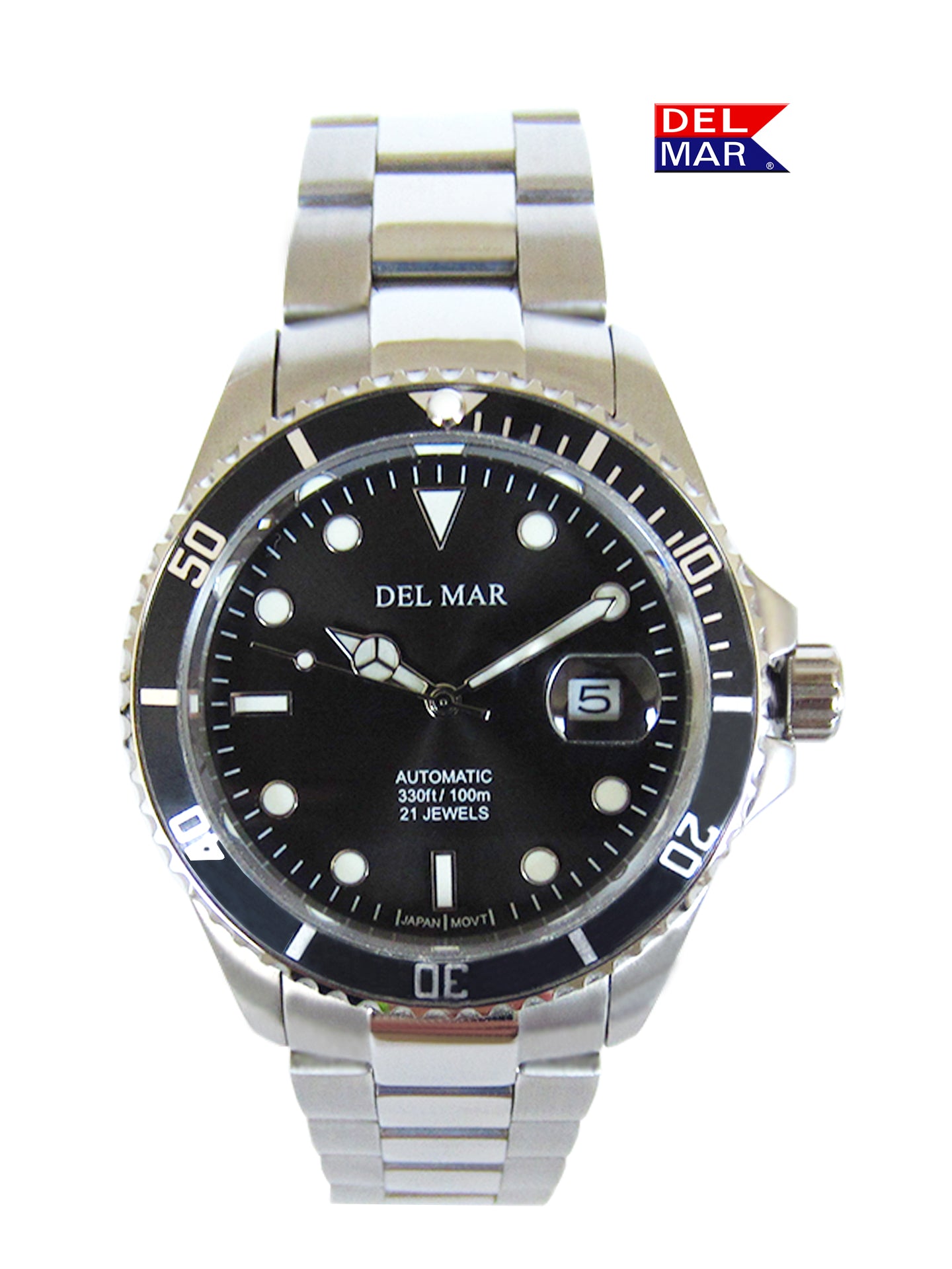 A Del Mar brand men's automatic watch with a black dial and stainless steel band, displayed against a white background.