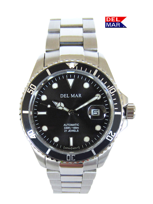 A Del Mar brand men's automatic watch with a black dial and stainless steel band, displayed against a white background.