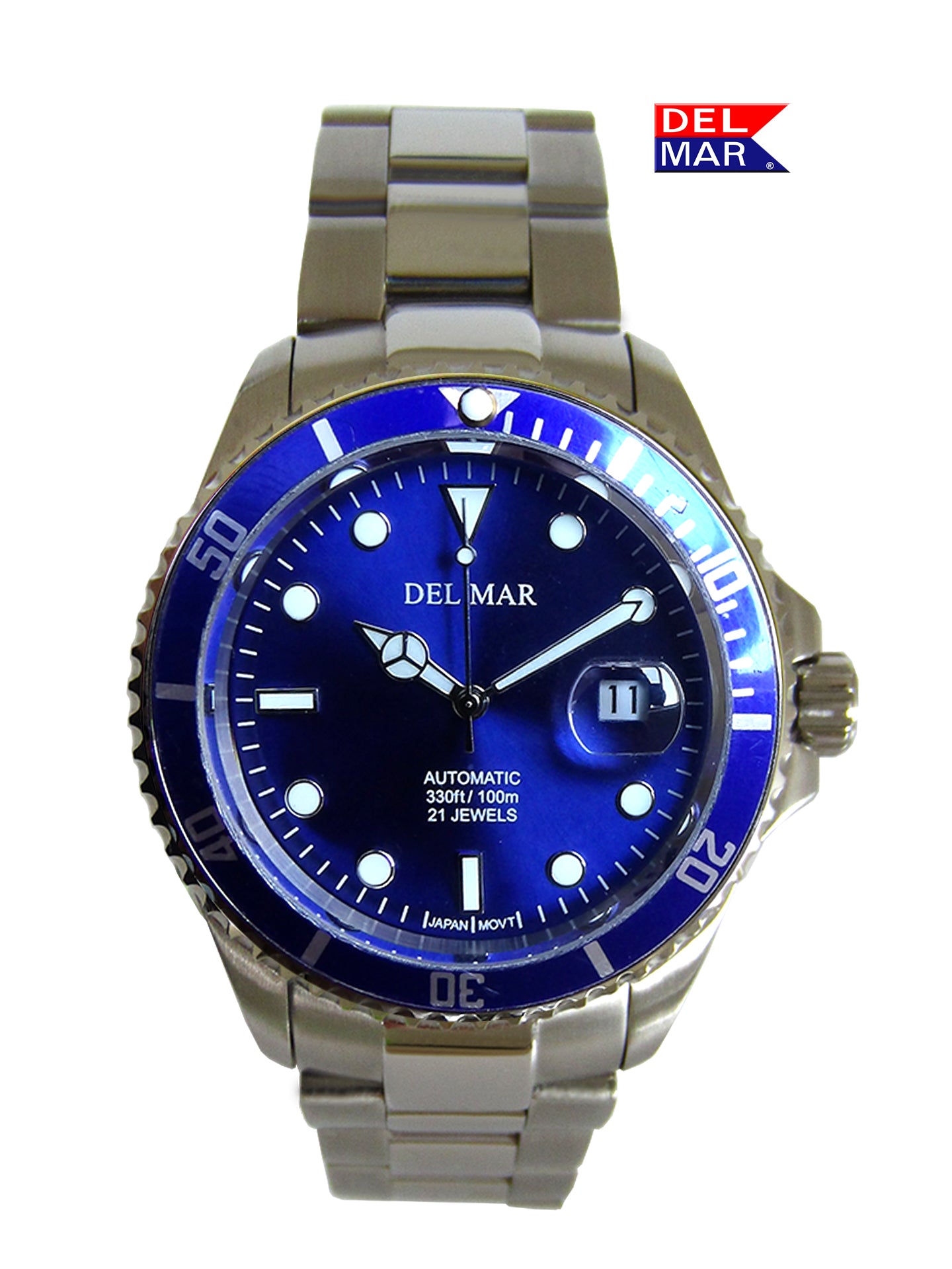 Del Mar Premier Automatic watch with blue dial, stainless steel bracelet, and Miyota movement. Sapphire crystal, 100M water resistance, no battery required.