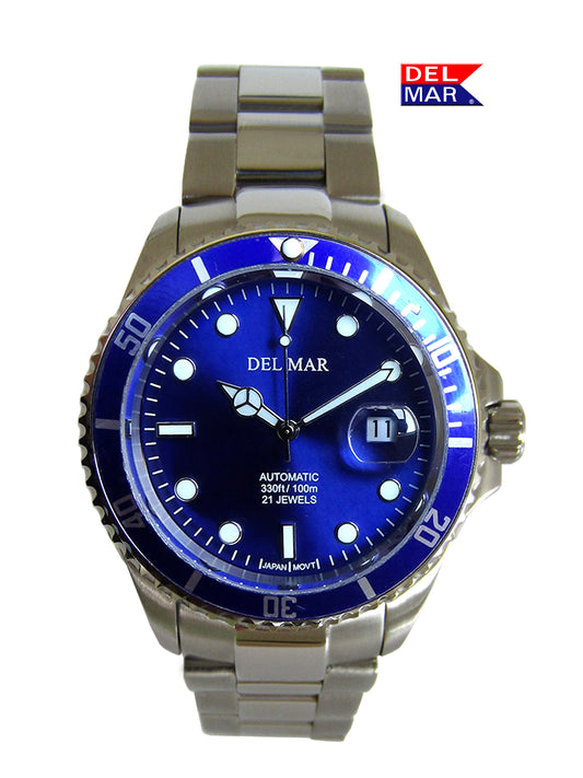 Del Mar Premier Automatic watch with blue dial, stainless steel bracelet, and Miyota movement. Sapphire crystal, 100M water resistance, no battery required.