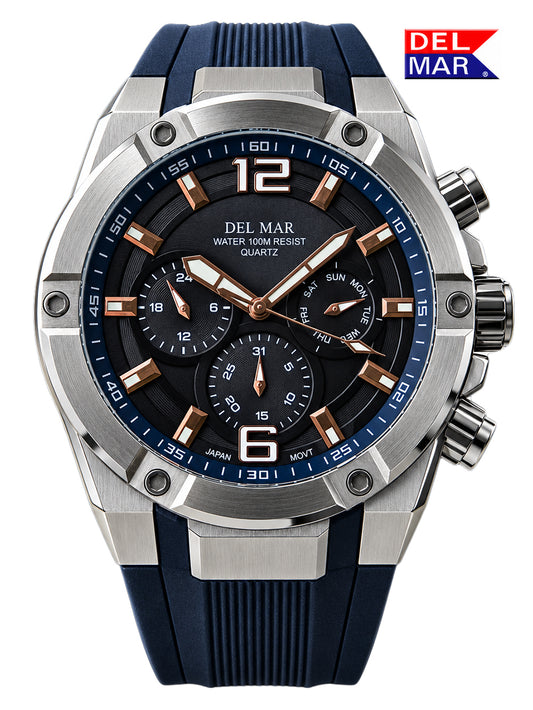 A men's black dial multi-function watch with a blue silicone band and silver stainless steel case. The watch has a black dial with silver and blue accents and shows features such as a date display and a day display.