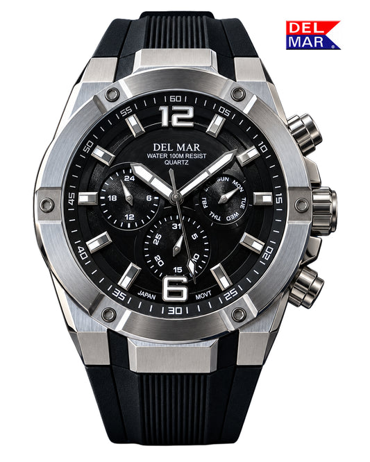 A men's black dial multi-function watch with a black silicone band and silver stainless steel case. The watch has a black dial with silver and blue accents and shows features such as a date display and a day display.