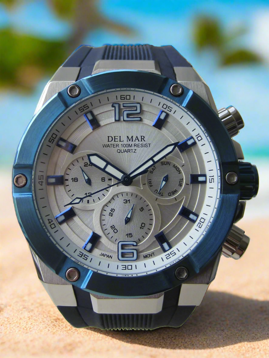 Del Mar 3-Eye Multi-Function Sport Watch - White Dial & Blue Bezel