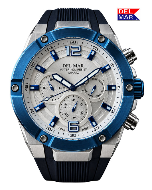 Del Mar 3-Eye Multi-Function Sport Watch – White Dial & Blue Bezel – 100M – Model 50395