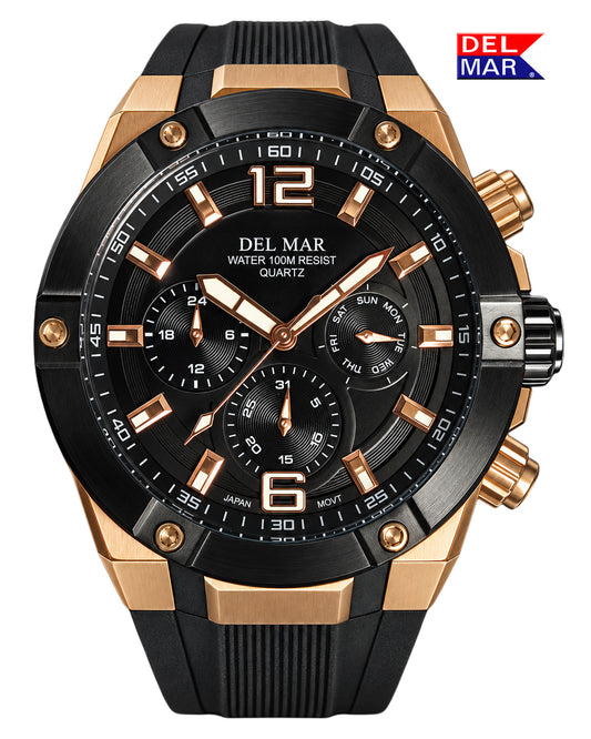 Del Mar 3-Eye Multi-Function Sport Watch – Black Dial with Bronze Trim – 100M – Model 50396