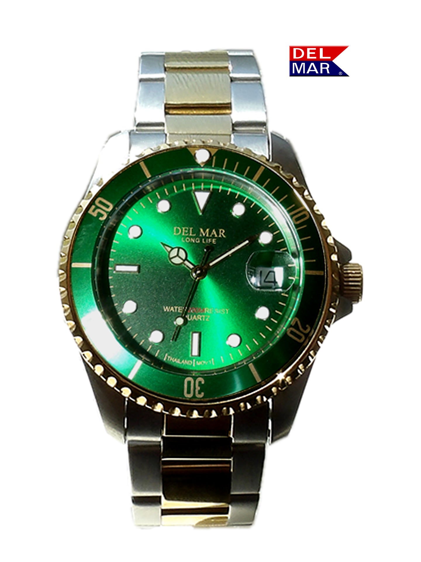 Green watch with silver and gold accents on a white background, featuring the Del Mar brand.