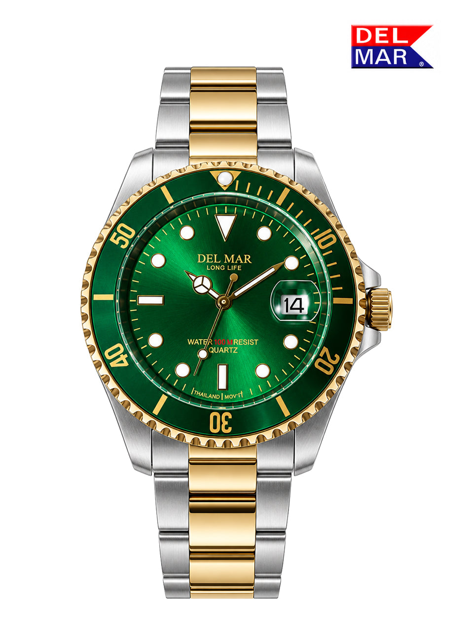 The Green Dial Watch from Del Mar Watches Coronado Collection are nothing short of stunning. The 50399 paired with a stainless steel case, two-tone bracelet and safe to 200 M water resistant. It's a winner!