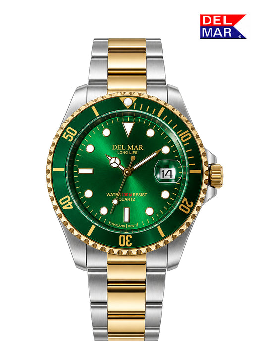 The Green Dial Watch from Del Mar Watches Coronado Collection are nothing short of stunning. The 50399 paired with a stainless steel case, two-tone bracelet and safe to 200 M water resistant. It's a winner!