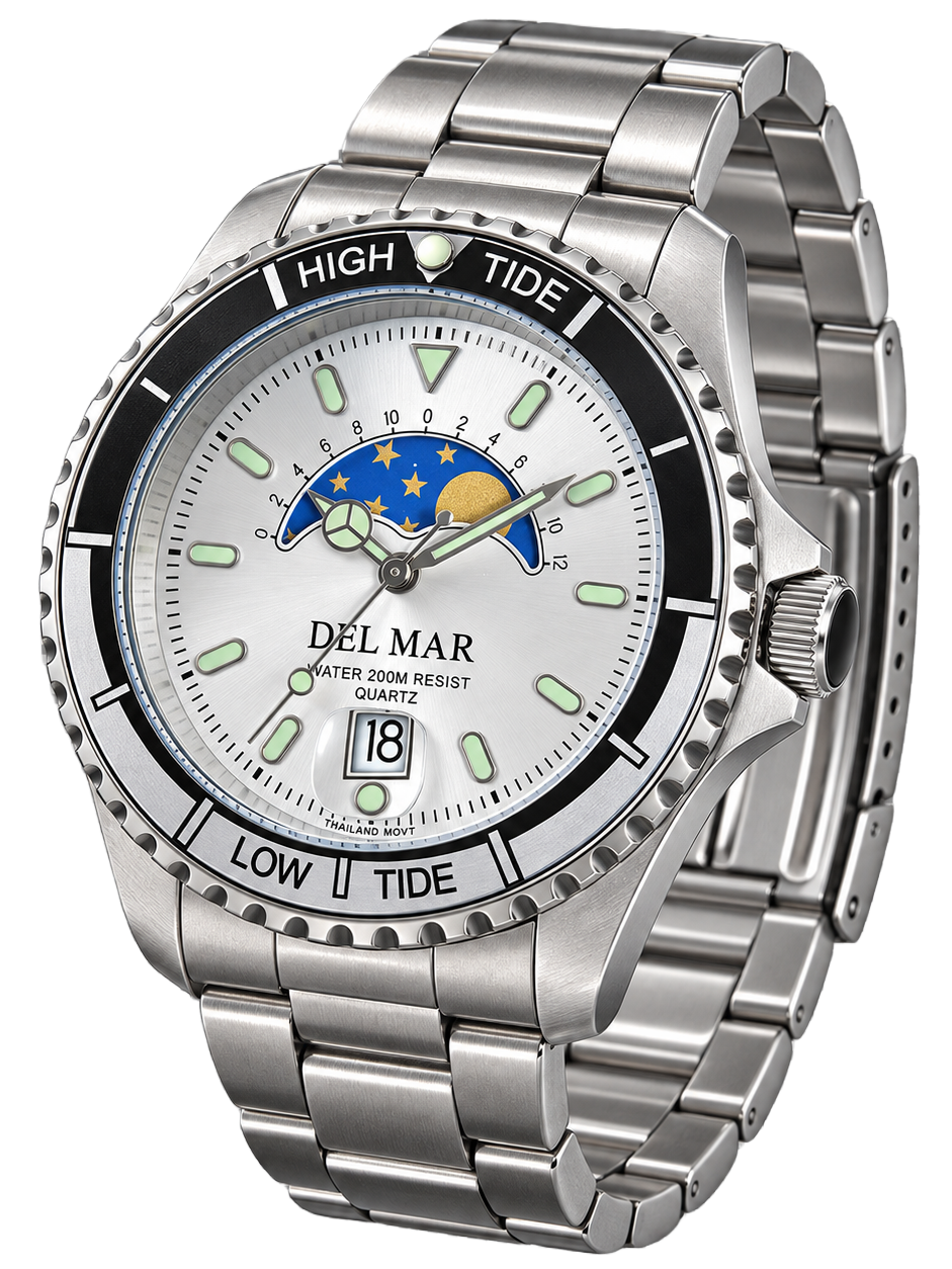 Del Mar Nautical Tide Watch – White Dial, Stainless Steel, 200M #50400