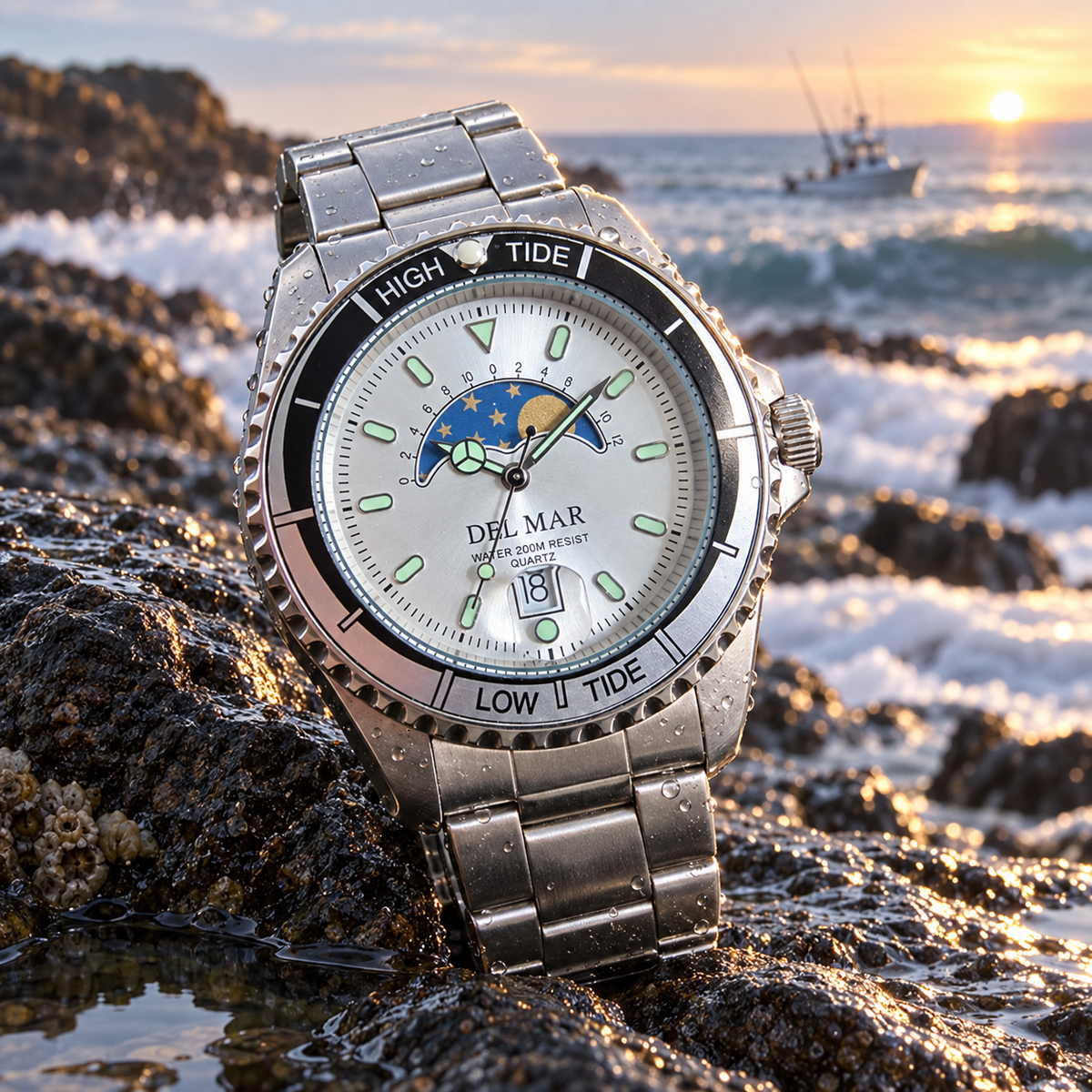 Inspired by the rhythm of the moon and sea, the Tide 50205 features a dedicated tide indicator that tracks the approximate movement between high and low tide.
