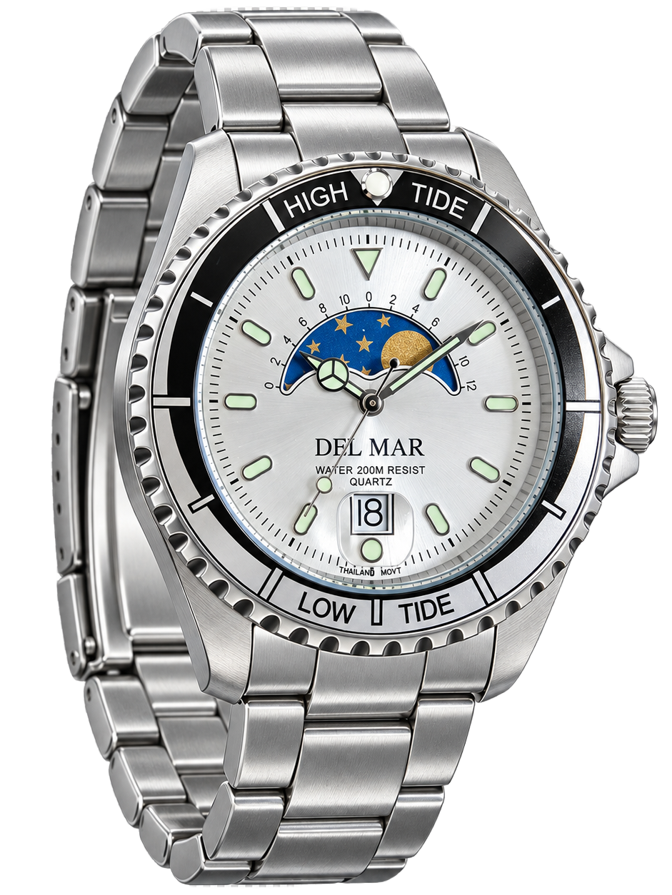 Del Mar Nautical Tide Watch – White Dial, Stainless Steel, 200M #50400