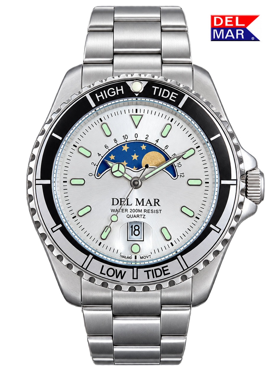 The tide indicator follows the lunar tidal cycle, providing an at-a-glance view of the approximate progression between high and low tide.