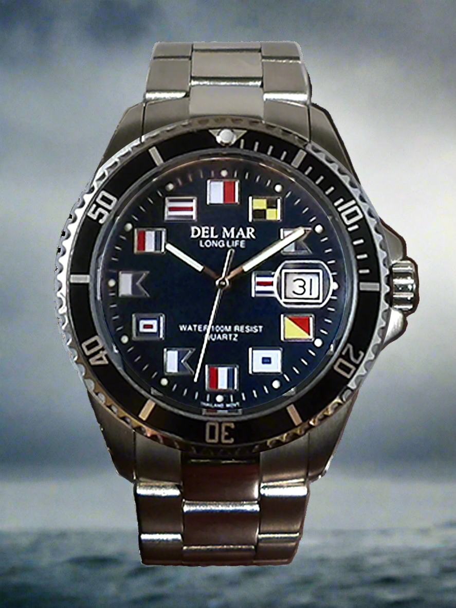 Del Mar contrast dial watch black face blue bezel
