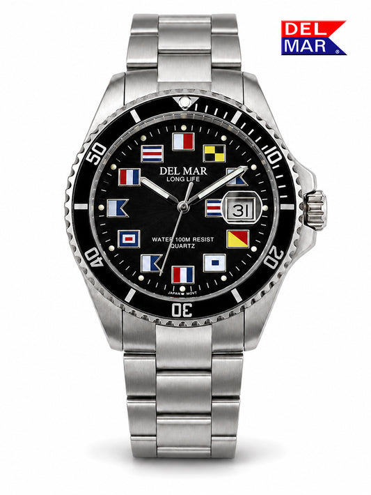 Del Mar Black Nautical Dial, rated at 200 Meter water resistant carries style from the boardroom to the sailboat. 
