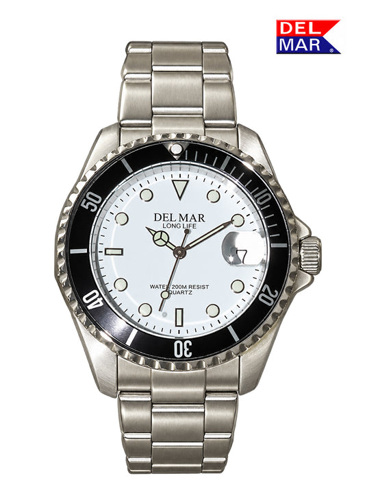 The Del Mar Coronado White Dial, Stainless Steel case and bracelet, with luminous hands and markers.. affordable and 200 M water resistant. 