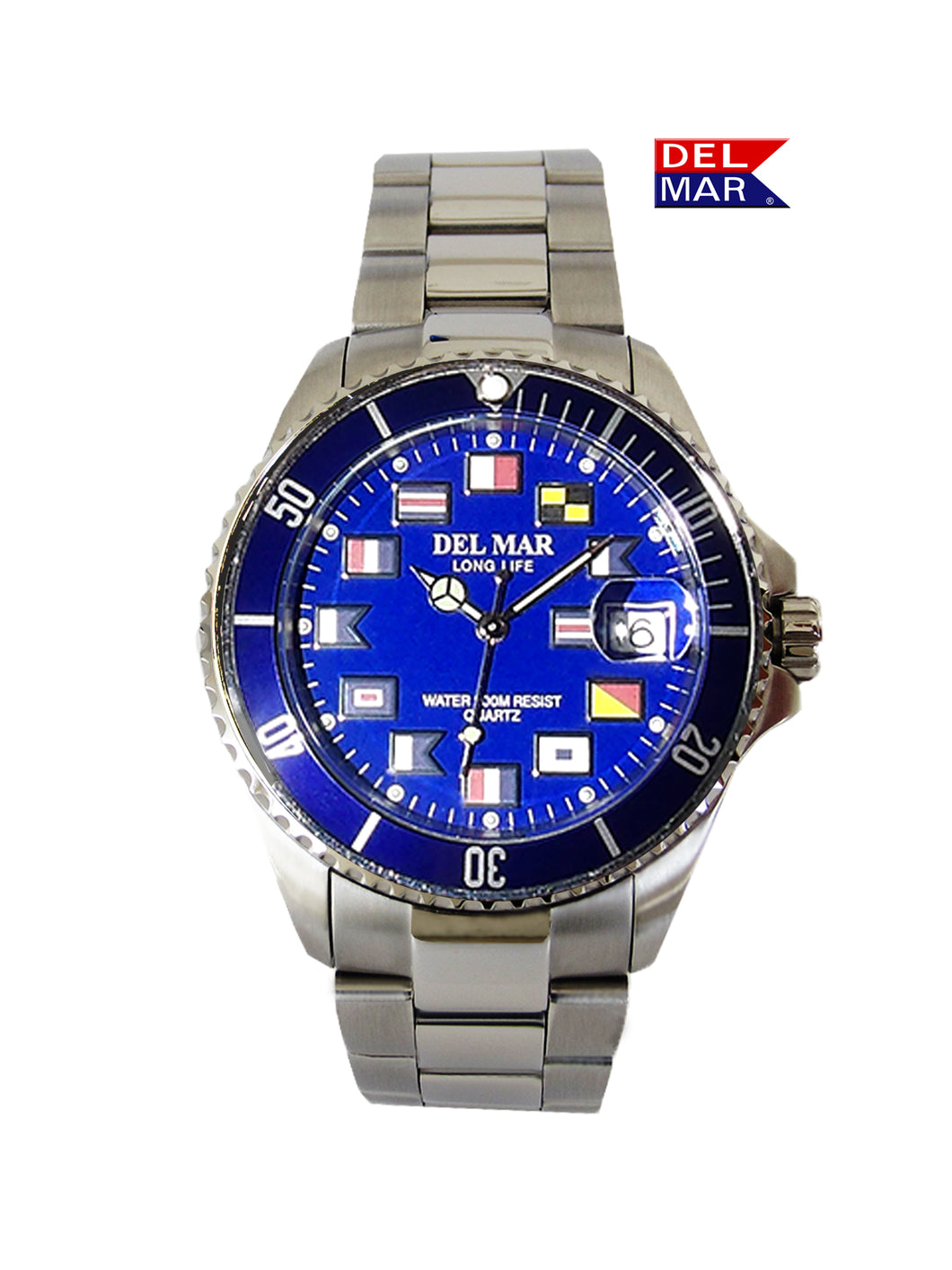 Men's Long Life Nautical 43mm Blue Face - Bezel SS Band Watch #50406