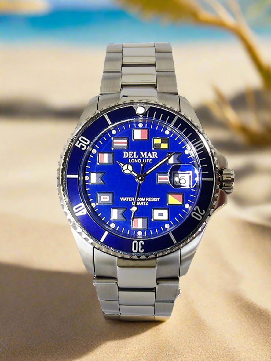Nautical 200 blue face watch with flag markers Del Mar
