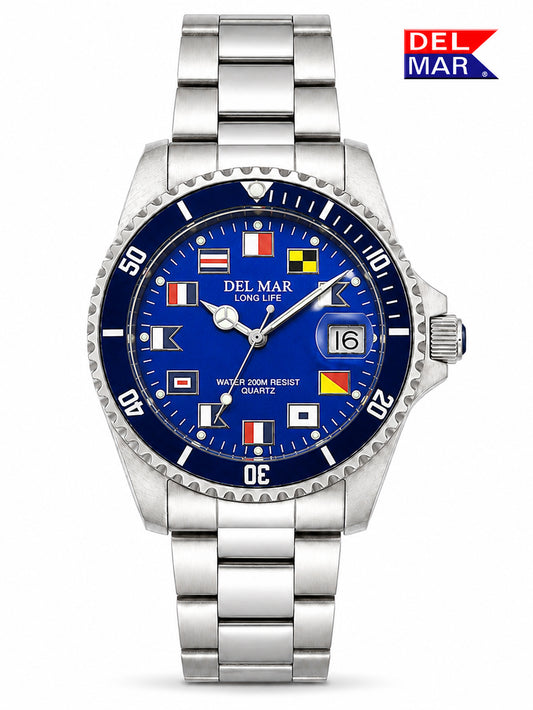 A Del Mar Long Life water resistant quartz watch with a stainless steel link bracelet, featuring a vibrant blue dial decorated with various national flags and a matching blue bezel.