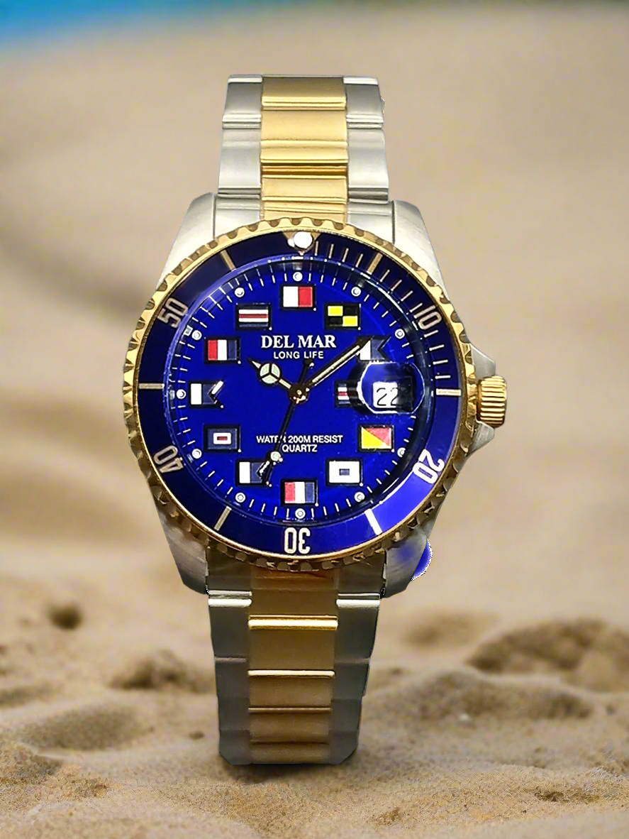 Blue face nautical watch stainless steel bracelet Del Mar
