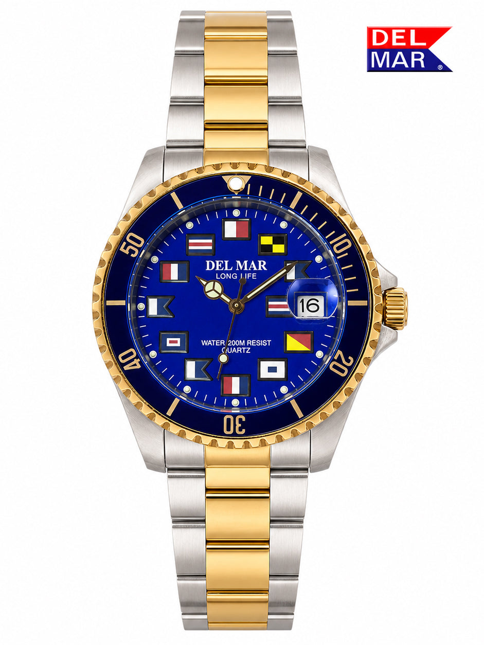 A Del Mar Long Reef watch with a two-tone stainless steel and gold-tone bracelet, featuring a blue dial decorated with nautical signal flags and a matching blue bezel.