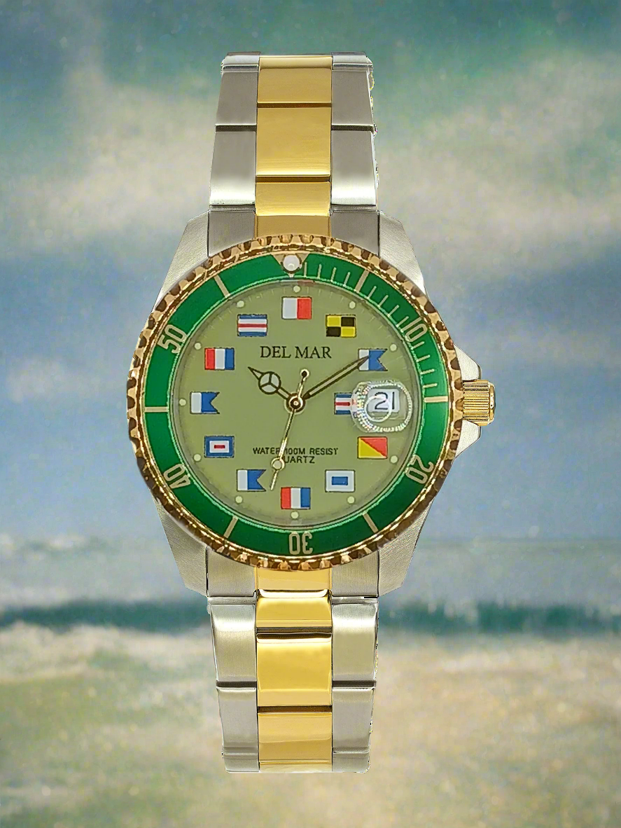 Green dial watch stainless steel bracelet 200M water resistant