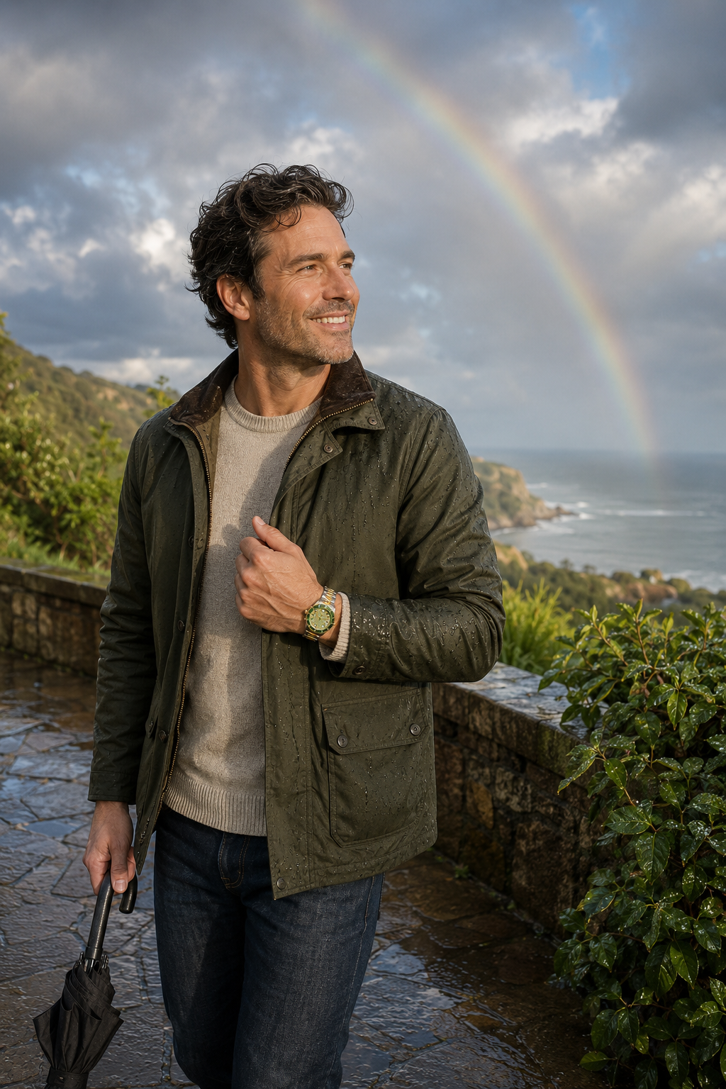 Man wearing Del Mar Watch green nautical  dial watch after rain beneath a rainbow