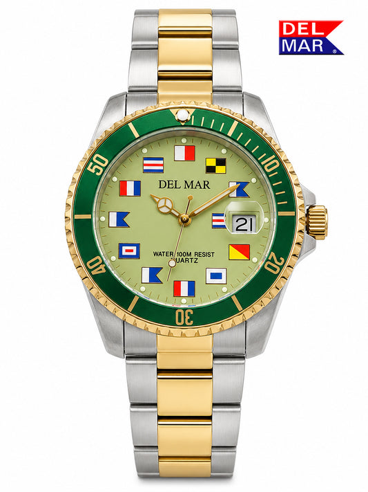 A Del Mar two-tone stainless steel and gold watch with a green bezel and a light green dial decorated with various nautical flag icons. The watch is shown on a clean white background with a Del Mar logo in the top right corner.