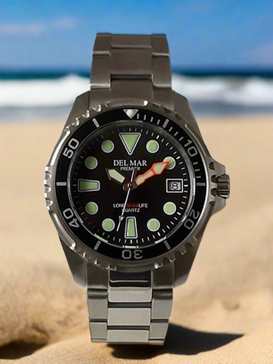 Del Mar Pro Dive 500M Black Dial Watch – Stainless Steel Bracelet